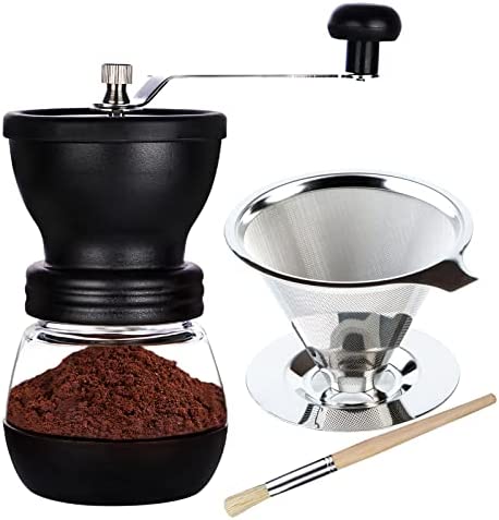 PARACITY Manual Coffee Bean Grinder with Ceramic Burr, Hand Coffee Grinder Mill Small with 2 Glass Jars( 11OZ per Jar) Stainless Steel Handle for Drip Coffee, Espresso, French Press, Turkish Brew u2026
