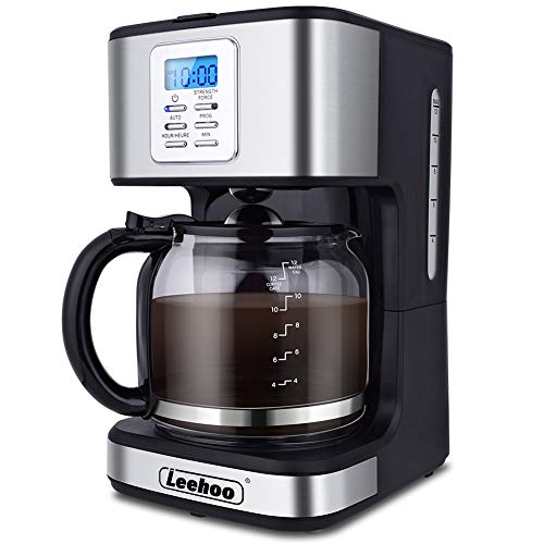 LEEHOO Drip Coffee Maker 2-12 Cup, Programmable Coffee Machine with Glass Carafe&Auto Shut-off&Brew Strength Control for Home and Office,Black and Stainless Steel Finish