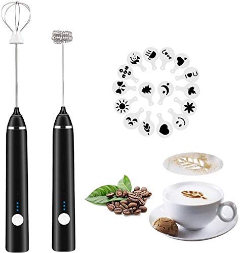 3 Speed Rechargeable Milk Frother Handheld Electric Foam Maker with Stainless Whisk for Bulletproof Coffee Latte Cappuccino Hot Chocolate Black Extra 16 Pcs Art Stencils (Black)