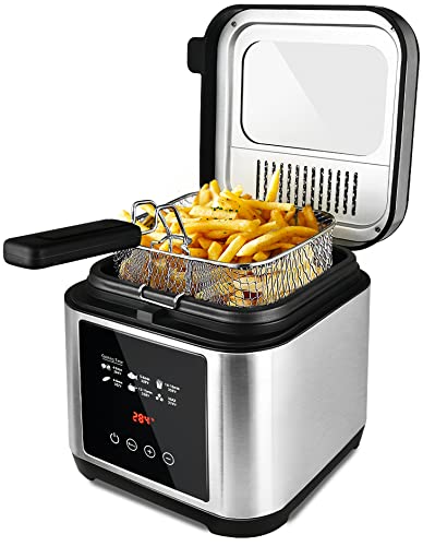 Deep Fryer, CUSIMAX Electric Deep Fryer with Basket and Drip Hook, 2.5 L / 2.6 QT Oil Capacity Fish Fryer with Temperature Control, Removable Lid, View Window, Stainless Steel Oil Fryer, 1200W