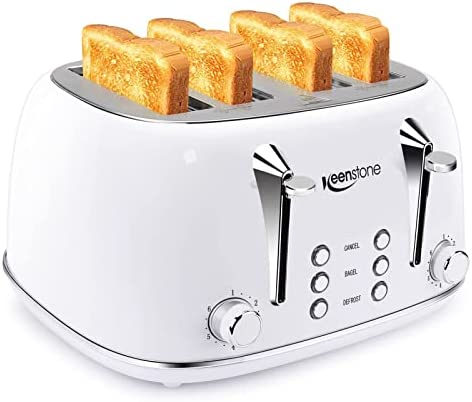 Toaster 4 Slice, Keenstone 4 Slice Toaster, Retro Toaster with Extra Wide Slots, Bagel/Cancel/Defrost Function, Removable Crumb Tray, 6 Shade Settings, Stainless Steel, Green