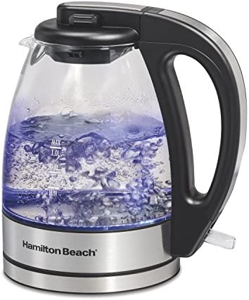 Hamilton Beach Glass Electric Tea Kettle, Water Boiler & Heater, 1 L, Cordless, LED Indicator, Auto-Shutoff & Boil-Dry Protection (40930), Clear