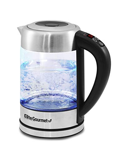 Elite Gourmet EKT-1789D Electric Programmable Cordless Glass Kettle w/ 5 Temperatures Tea & Coffee, BPA-Free, Water Sterilizer, Auto Shut-Off & Keep Warm Function, 1.7L (7.2 Cups), Stainless Steel