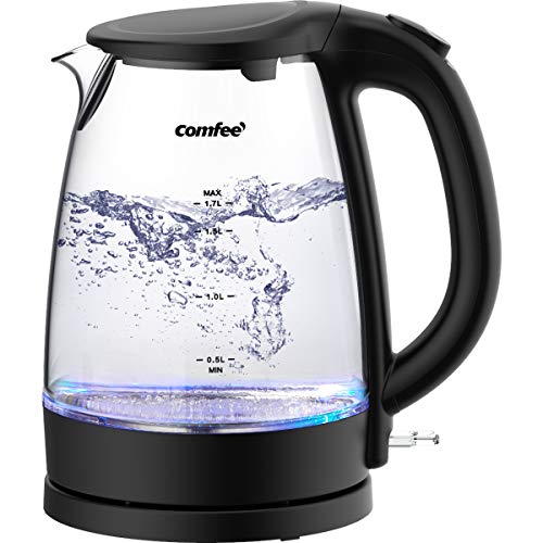COMFEE Glass Electric Tea Kettle & Hot Water Boiler(BPA-Free), 1.7L, Cordless with LED Indicator, 1500W Fast Boil, Auto Shut-Off and Boil-Dry Protection