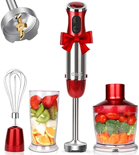 KOIOS 800W 4-in-1 Multifunctional Hand Immersion Blender, 12 Speed, 304 Stainless Steel Stick Blender, Titanium Plated, 600ml Mixing Beaker, 500ml Food Processor, Whisk Attachment, BPA-Free, Red