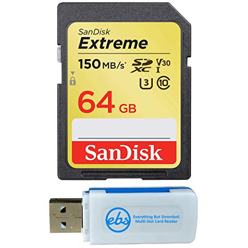 SanDisk 64GB Extreme Memory Card works with Canon EOS Rebel SL2, T6, T6i, T5i EF-S, EOS 80D, Powershot Camera SDXC 4K V30 UHS-I (SDSDXVE-064G-GNCIN) with Everything But Stromboli Combo Reader
