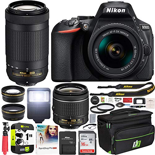 Nikon D5600 DSLR Wi-Fi Digital SLR Camera with Double Zoom 2 Lens Kit AF-P 18-55mm VR & 70-300mm ED + 0.43x Wide Angle Lens + Lens + Case + 1 YR CPS Enhanced Protection Pack and Accessory Bundle