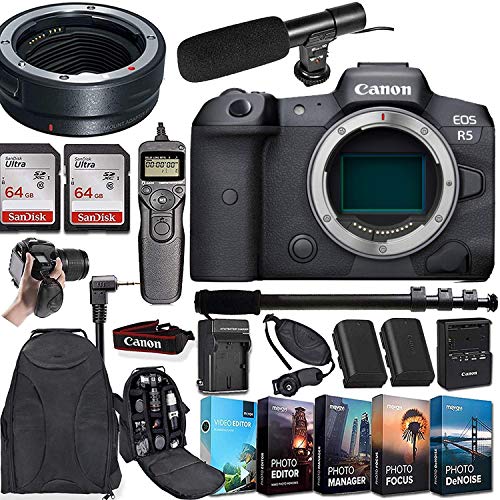 Canon EOS R5 Mirrorless Digital Camera (Body Only) and Mount Adapter EF-EOS R Bundle + Deluxe Accessories Kit