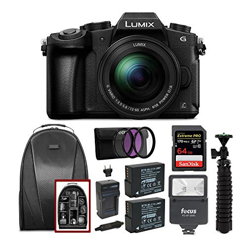 Panasonic LUMIX G85MK 4K Mirrorless Interchangeable Lens Camera Kit, 12-60mm Lens, Sandisk 170MB/s 64GB, 2 Spare Batteries, Charger, Backpack, Spider Tripod, Filter Kit, and Flash Bundle (7 Items)