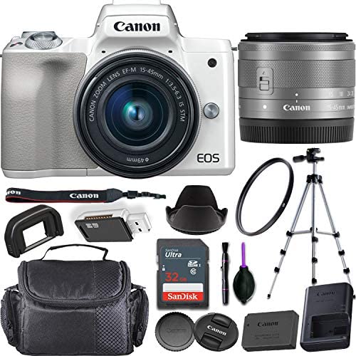 Canon EOS M50 Mirrorless Digital Camera (White) + EF-M 15-45mm f/3.5-6.3 is STM Lens Bundled with Premium Accessories (32GB Memory Card, Padded Equipment Case and More.)