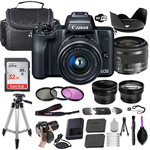 Canon EOS M50 Mirrorless Digital Camera (Black) w/EF-M 15-45mm f/3.5-6.3 is STM + Wide-Angle and Telephoto Lenses + Portable Tripod + Memory Card + Deluxe Accessory Bundle