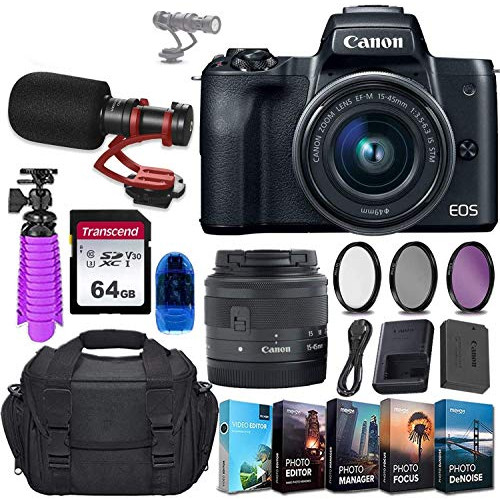 Canon EOS M50 Mirrorless Digital Camera (Black) and 15-45mm STM Lens w/Compact On-Camera Microphone + 64GB Transcend Memory Card, Camera Bag & More Essential Accessory Bundle