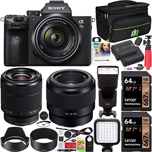 Sony ILCE-7M3K/B a7III Full Frame Mirrorless Camera with 2 Lens Kit SEL2870 FE 28-70 mm F3.5-5.6 OSS + SEL50F18F FE 50mm F1.8 Bundle with 2X 64GB Memory, Deco Gear Case and Accessories (15 Items)