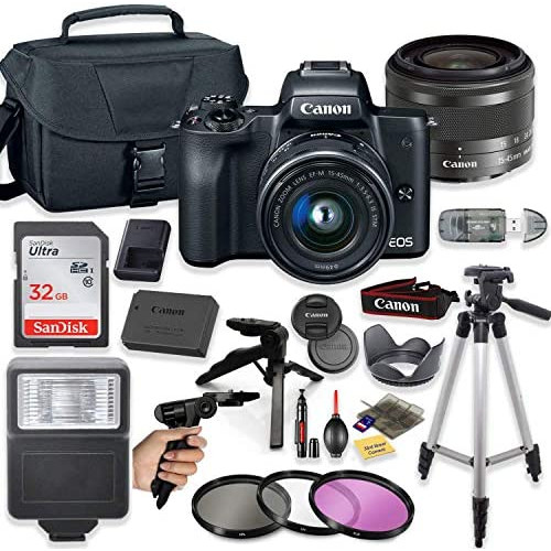Canon EOS M50 Mirrorless Digital Camera (Black) with 15-45mm STM Lens + Deluxe Accessory Bundle Including Sandisk 32GB Card, Canon Case, Flash, Grip Multi Angle Tripod, 50 Tripod, Filters and More.