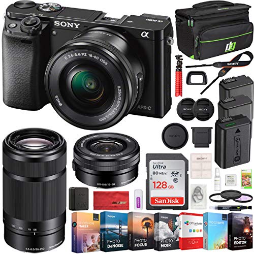 Sony Alpha a6000 Mirrorless Camera with 16-50mm and 55-210mm Power Zoom Lenses Bundle with 128GB Memory Card, 2X Battery, Bag, Professional Editing Suite, Camera Bag and 49mm Filter Kit