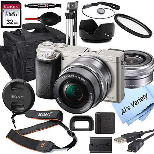 Sony Alpha a6000 (Silver) Mirrorless Digital Camera with 16-50mm Lens + 32GB Card, Tripod, Case, and More (18pc Bundle)