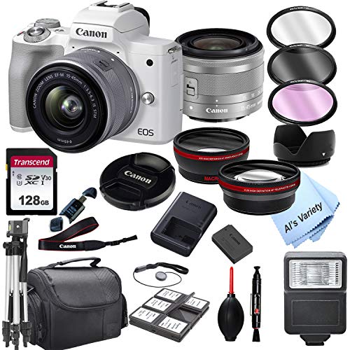 Canon EOS M50 Mark II (White) Mirrorless Digital Camera with 15-45mm Zoom Lens Lens + 128GB Card, Tripod, Case, and More (24pc Bundle)
