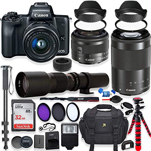 Canon EOS M50 Mirrorless Digital Camera with 15-45mm Lens Bundle + Canon EF-M 55-200mm f/4.5-6.3 is STM Lens & 500mm Preset Lens + 32GB Memory + Filters + Monopod + Professional Bundle
