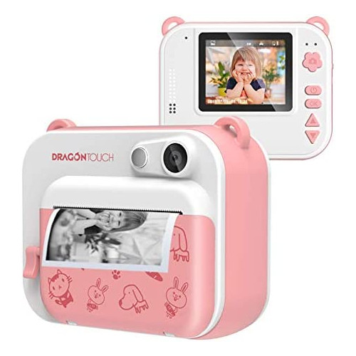 Dragon Touch InstantFun Instant Print Camera for Kids, Zero Ink Toy Camera with Print Paper, Cartoon Sticker, Color Pencils, Portable Digital Creative Print Camera for Boys and Girls - Pink