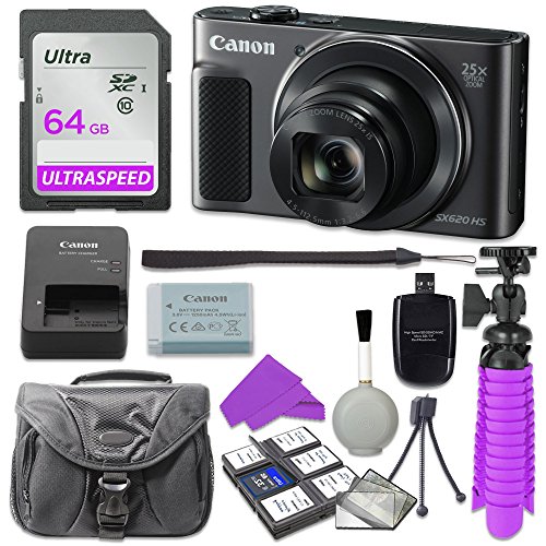 Canon PowerShot SX620 HS Digital Camera (Black) with 64GB SD Memory Card + Accessory Bundle