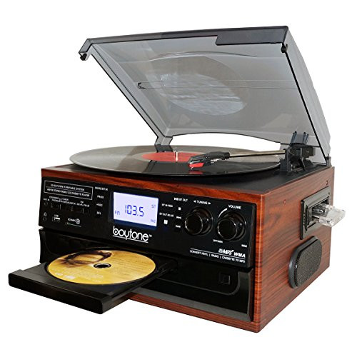 Boytone BT-22M, Bluetooth Record Player Turntable, AM/FM Radio, Cassette, CD Player, 2 Built in Speaker, Ability to Convert Vinyl, Radio, Cassette, CD to MP3 Without a Computer, SD Slot, USB, AUX