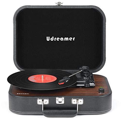 Udreamer Vinyl Record Player Suitcase with Bluetooth Speakers USB Vintage Turntable for Vinyl Records 3 Speed LP Player with Auto Off 3.5mm AUX & RCA & Headphone Jack
