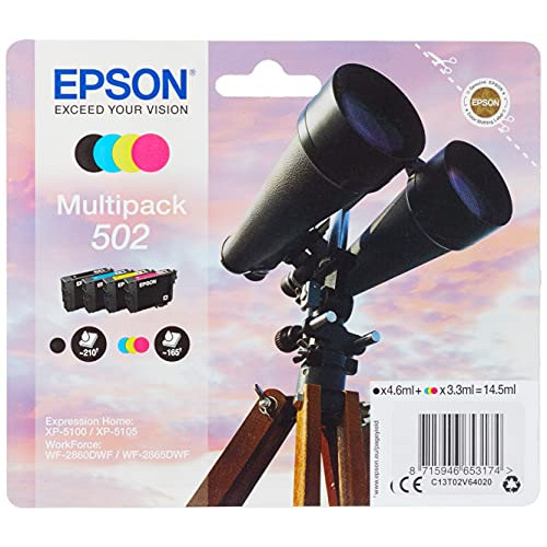 Epson Binoculars Multipack 4-Colours 502 Ink Black 4.6ML - CMY 3.3ML