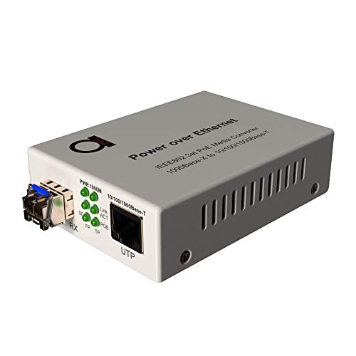 PoE Fiber Single Mode LC Gigabit Ethernet Media Converter - Supplies IEEE 802.3 PoE & PoE+ PSE Power & Extends Distance Over Fiber up 20km (12.42 Miles) - 10/100/1000 Autosensing UTP LAN Port