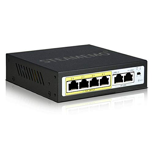 STEAMEMO AI PoE Switch （4 POE Ports +2 Uplink），802.3af/at PoE 100Mbps, 52W Built-in Power, Extend to 250Meter,Unmanaged Metal Plug and Play