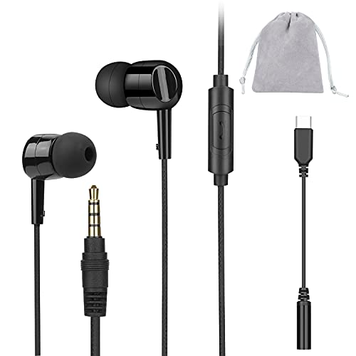 WOOSTAR Wired in Ear Headphones with Mic and Type C Adapter Wired Earbuds with Microphone 3.5mm, HiFi Wired Earphone Kit Compatible with Most Smartphones/Mac/PS4/Tablets/Laptops