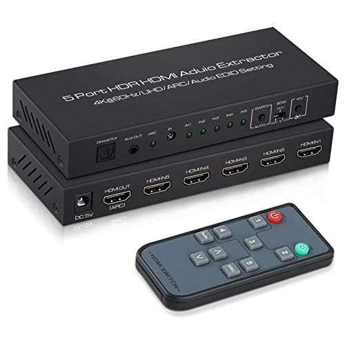 4K HDMI Switch 6x1 오디오 Extractor avedio links 6 Port Switcher Box 원격 멀티 1 Out Optical Toslink & 3.5mm 케이블 Included Black