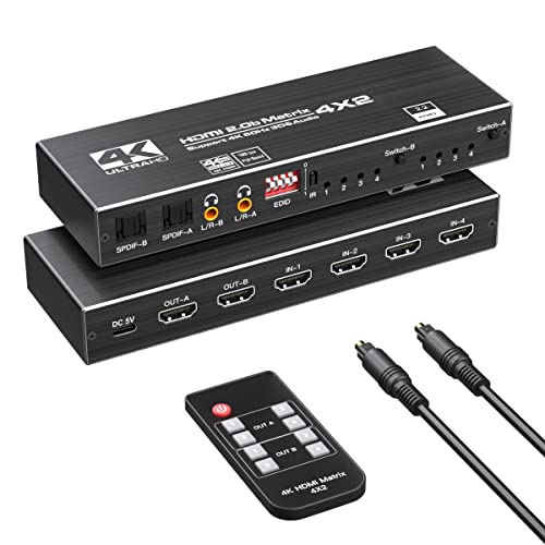 ZPTEK 4K HDMI Matrix Switch 4 X 2,4 in 2 Out Video Switcher Splitter, Optical and LR Audio Outputwith IR Remote Controller,Support 4K@60Hz 3D 18.5Gbps x 3 Data Rate, HDMI 2.0b, HDCP 2.2, MH42-C1