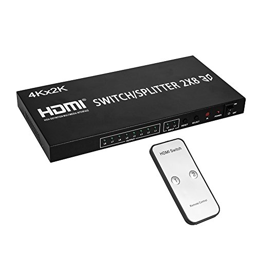Autbye 2x8 HDMI Matrix Switcher 2 in 8 Out Splitter 4Kx2K Active Amplifier Extender Ultra HD 1080P 3D Audio Video Selector with IR Remote Adapter for HDTV PC Projector Sky Box PS4