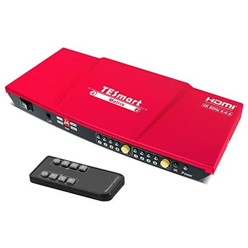 TESmart 4x2 HDMI Matrix Switch Splitter, 4K@60Hz HDMI Switcher Box, 4 in 2 Out with IR Remote Controller Supports HDCP 2.2 18Gbps, Ultra HD 4K x 2K, 3D, 1080p, EDID, HDR Dolby Vision (Red)