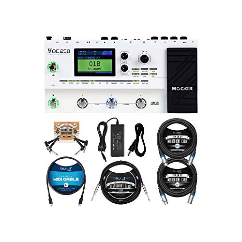 MOOER GE250 Guitar Amp Modelling and Multi-Effects Pedal Bundle with Blucoil 2-Pack of 10-FT Balanced XLR Cables, 10 Straight Instrument Cable (1/4"), 5 MIDI Cable, and 2-Pack of Pedal Patch Cables