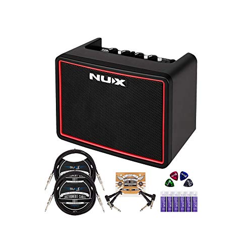 NUX Mighty Lite BT Portable Mini Amplifier Bundle with Blucoil 2-Pack of 10-FT Straight Instrument Cables (1/4in), 2-Pack of Pedal Patch Cables, 4x Guitar Picks, and 6 AA Batteries