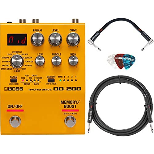 Boss OD-3 OverDrive Bundle with Roland 10ft Instrument Cable, Roland 6in Patch Cable, and Picks