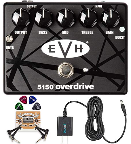 MXR EVH 5150 Overdrive Pedal with 3 Band EQ BUNDLED WITH Blucoil Power Supply Slim AC/DC Adapter for 9 Volt DC 670mA, 2-Pack of Pedal Patch Cables AND 4-Pack of Celluloid Guitar Picks