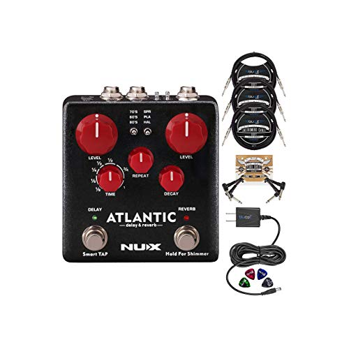 NUX NDR-5 Atlantic Delay and Reverb Pedal Bundle with Blucoil 9V AC Adapter, 3-Pack of 10-FT Straight Instrument Cables (1/4in), 2-Pack of Pedal Patch Cables, and 4-Pack of Celluloid Guitar Picks