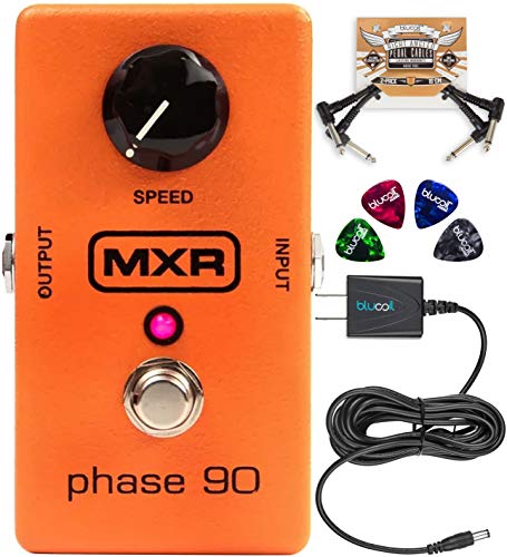MXR M101 Phase 90 Phaser Pedal Bundle with Blucoil Slim 9V 670ma Power Supply AC Adapter, 2-Pack of Pedal Patch Cables, and 4-Pack of Celluloid Guitar Picks