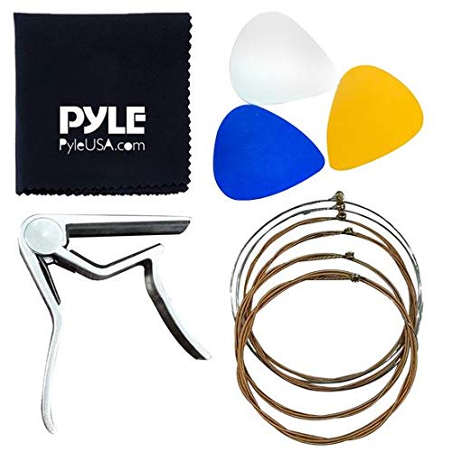 Pyle Acoustic Guitar Accessory Kit-Steel Strings, Full Set of Replacement, Silver Capo, 3 pcs ABS Picks & Cleaning Cloth (PRTPGACLS821020)
