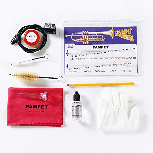 PAMPET Trumpet Care Kit, Professional Trumpet Cleaning Kit Care Your Trumpet with Valve Oil, Brass Polishing Spray, Slide Grease, Brushes