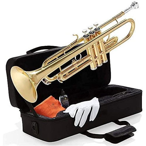 Mendini Cecilio Bb Trumpet - Trumpets Beginner Advanced Student w/Case Cloth Oil Gloves Brass Musical Instruments 어린이 & Adults