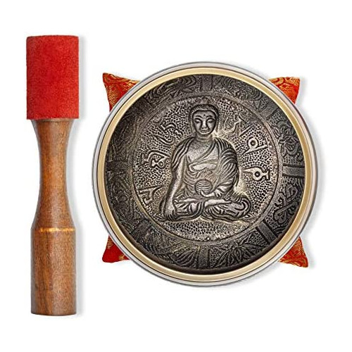 Tree Life Prayer Bowl - Tibetan Singing – Hand Crafted Chakra 세트 말렛 & Cushion Brass 4” 사운드 Therapy Meditation Yoga 선물 딥 Bim–Bam–Bom