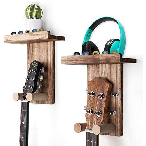 Keebofly Guitar Wall Hanger,2 Pack Guitar Wall Mount Holder Guitar Hanger Shelf with Pick Holder Wood Guitar Rack for Acoustic or Electric Guitar,Ukulele,Bass,Mandolin Black,[Patented]
