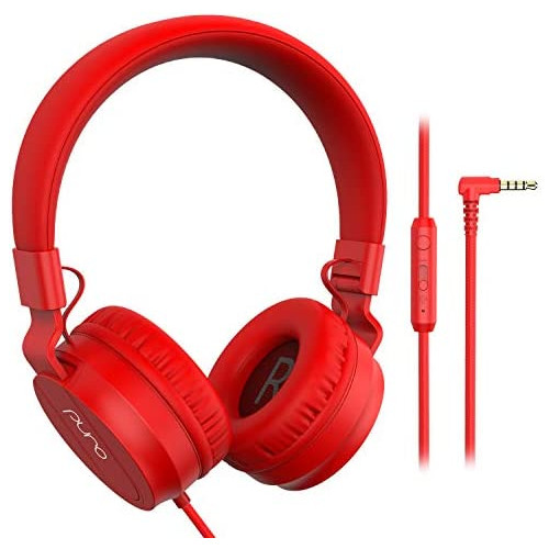 PuroBasic Volume Limiting Wired Headphones for Kids, Boys, Girls 2+ Foldable & Adjustable Headband w/Microphone, Compatible with iPad, iPhone, Android, PC & Mac u2013 by Puro Sound Labs, Red