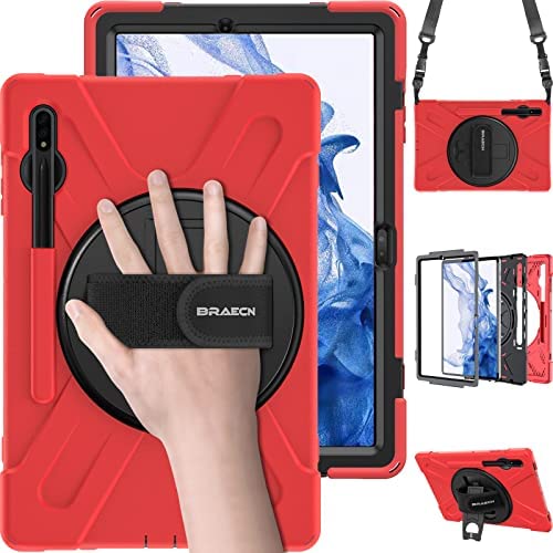 BRAECN Galaxy Tab S7 Plus/S8 Plus Case,Galaxy Tab S7 FE Case,Heavy Duty Shockproof Case with S Pen Holder Hand Strap Kickstand Shoulder Strap for Samsung Tab S7 Plus 12.4 Inch 2020 SM-T970/X800-Black
