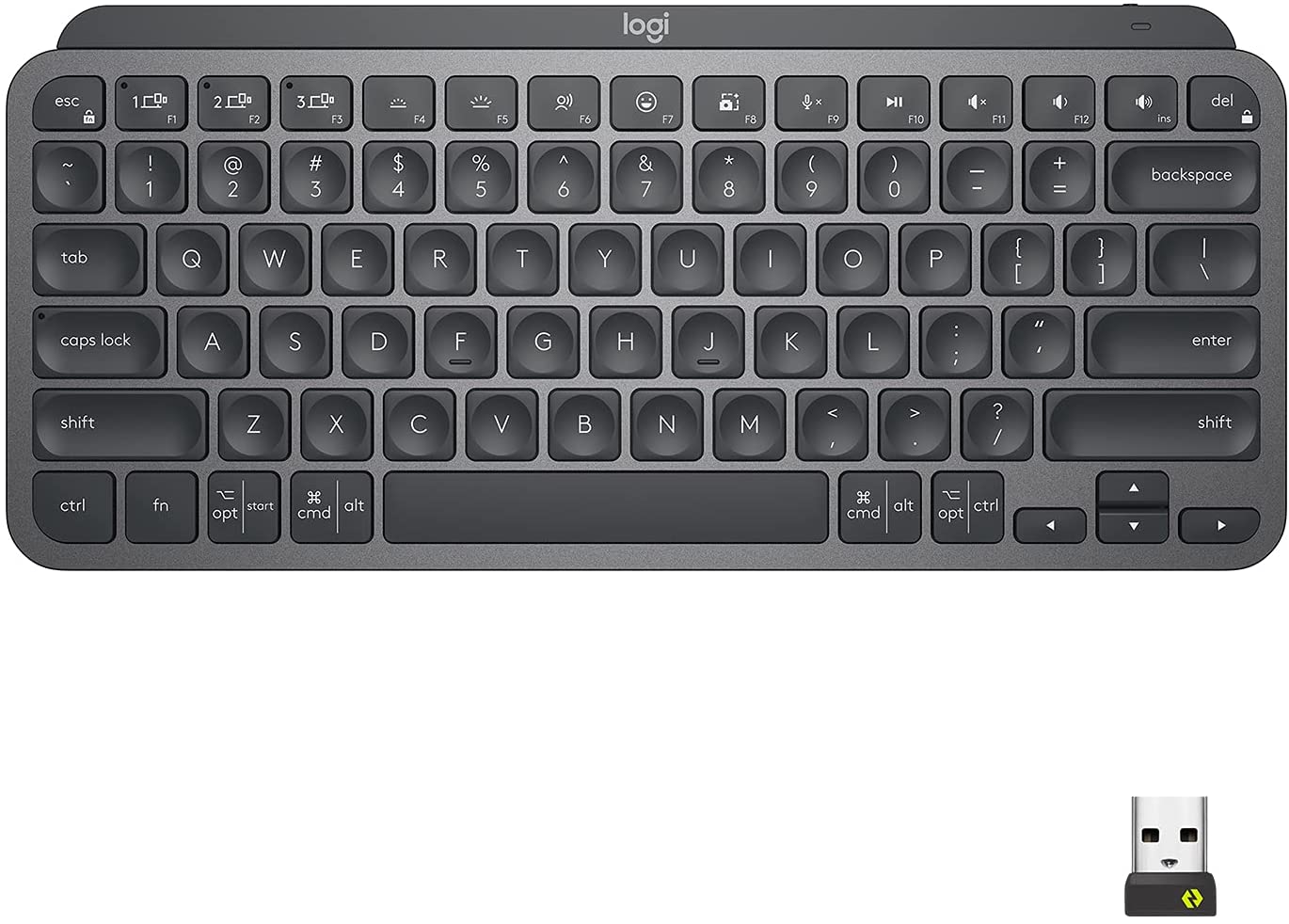 Logitech MX Keys Mini Wireless Illuminated Keyboard for Business, Compact, Logi Bolt USB Receiver, Backlit, Rechargeable, Windows, macOS, Linux, iOS, Android, Metal Build - Graphite