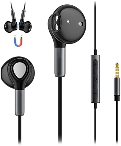 Kimwood Upgrade Wired Earbuds with Mic, Tangle-free Magnetic Wired Earphones in-Ear Headphone HIFI Stereo, Powerful Heavy Bass, 3.5mm Plug Compatible with iPhone, iPad, Android, MP3, Laptop etc(Black)