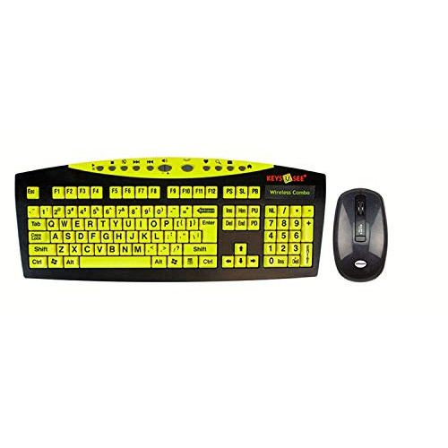 AbleNet Keys-U-See Large Print English USB Keyboard with Wireless Mouse Bundle (USB Receiver Stored Inside Mouse Battery Compartment), Black and Yellow (CD1542)